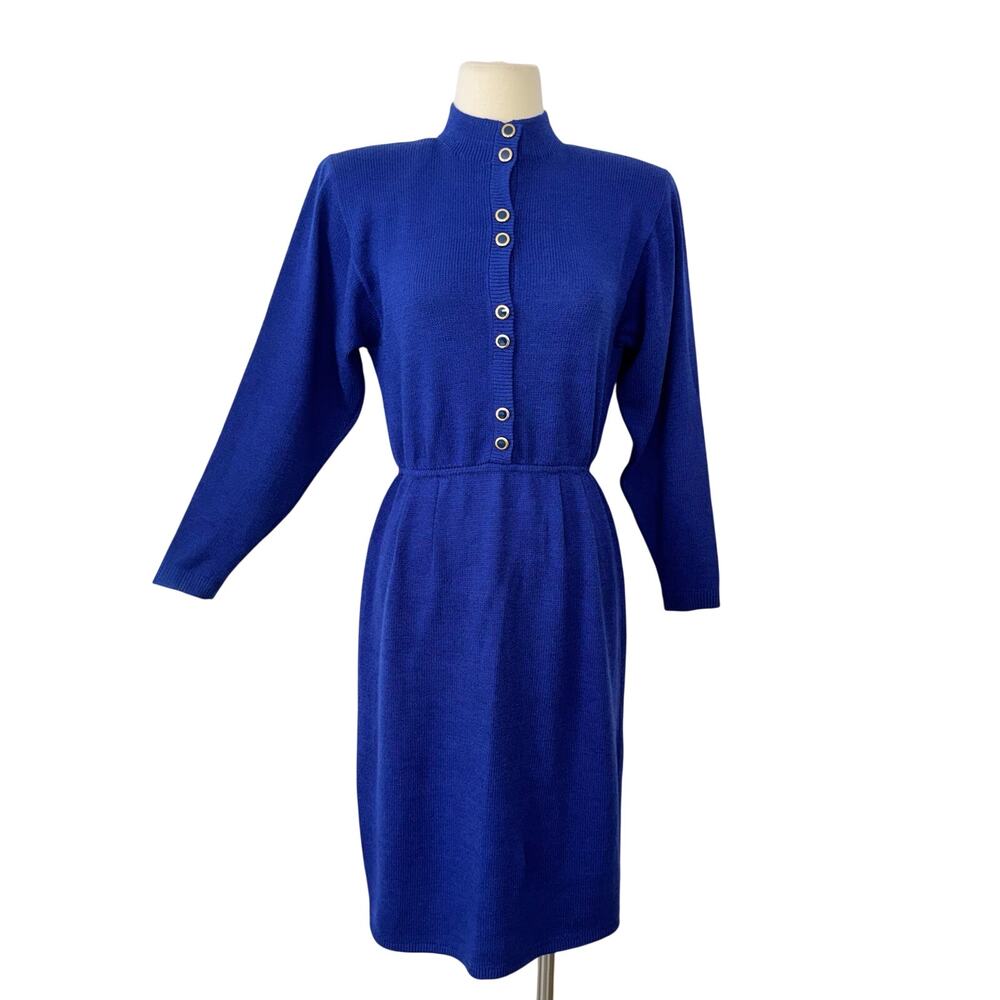 St. John Knit Vintage Sheath Sweater Dress Long Sleeves Pleated-Front Blue Sz 6